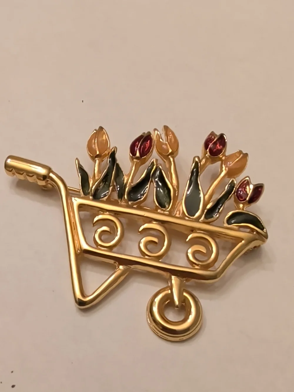 Gold-Tone Wheelbarrow Floral Brooch with Pink & Green Enamel
